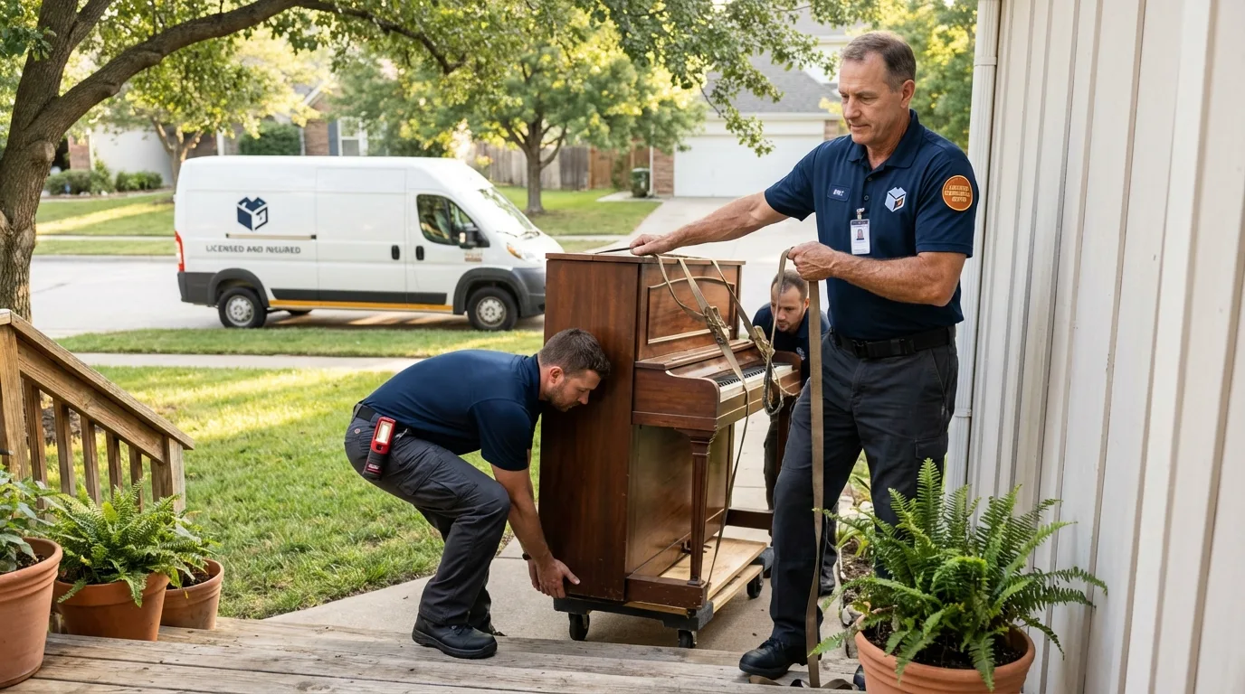 Licensed piano movers securing grand piano in Bracey, VA